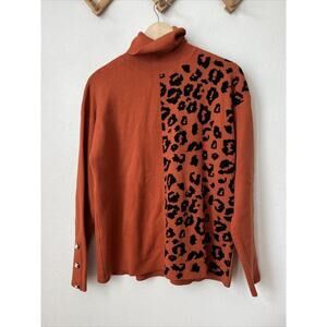 Orange animal block print turtleneck pullover sweater sz‎ XXL pearl button cuff